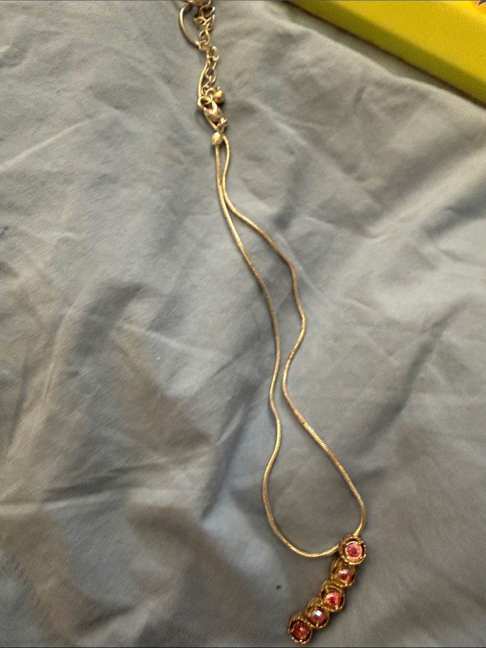 Gold-tone Necklace with Pink Gemstone Pendant - Women Jewelry